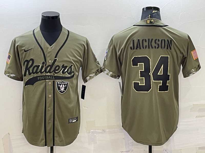 Men%27s Las Vegas Raiders #34 Bo Jackson 2022 Olive Salute to Service Cool Base Stitched Baseball Jersey->las vegas raiders->NFL Jersey